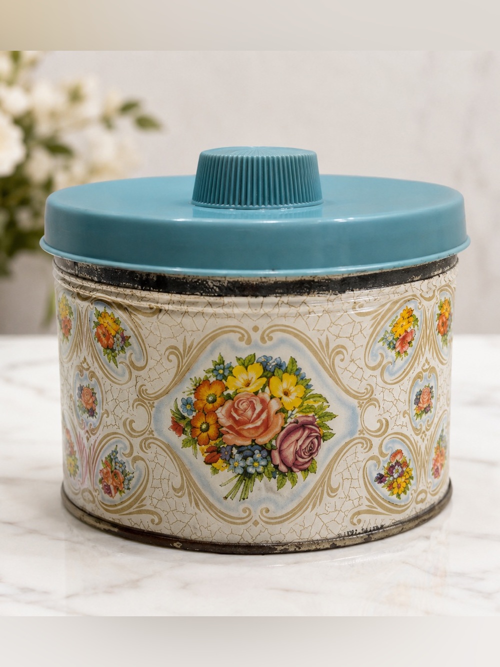Vintage Floral Flower Tin Container with Blue Lid